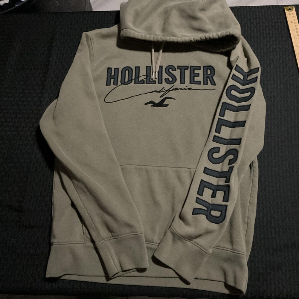 Hollister Hoodie Mens Medium Green California Logo Sleeve Print Pullover Fleece